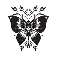 hand drawn butterfly with branches, black and white graphics vector