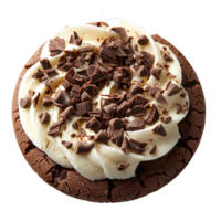 Cookie with vanilla cream and chocolate sprinkles on top isolated . Exquisitely filled biscuit with cookie dough cream and chocolate pieces isolated. Cookie top view isolated. Biscuit dessert png
