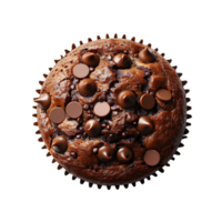 Chocolate muffin isolated. Chocolate cupcake with chocolate sprinkles and pieces on top. Tasty and delicious chocolate dessert isolated png