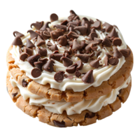 Cookie with vanilla cream and chocolate sprinkles on top isolated . Exquisitely filled biscuit with cookie dough cream and chocolate pieces isolated. Cookie top view isolated. Biscuit dessert png