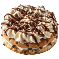 Cookie with vanilla cream and chocolate sprinkles on top isolated . Exquisitely filled biscuit with cookie dough cream and chocolate pieces isolated. Cookie top view isolated. Biscuit dessert png