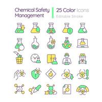 Chemical safety management RGB color icons set. Laboratory control. Toxic substances, safety regulations. Isolated illustrations. Simple filled line drawings collection. Editable stroke vector