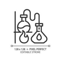 Distillation linear icon. Chemistry lab. Boiling flask. Chemical experiment. Separation process. Thin line illustration. Contour symbol. outline drawing. Editable stroke. Pixel perfect vector