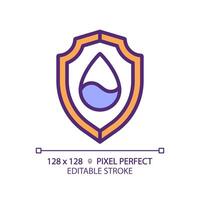 Water security RGB color icon. Access to drinking water. Social issue. Water droplet and shield. Isolated illustration. Simple filled line drawing. Editable stroke. Pixel perfect vector