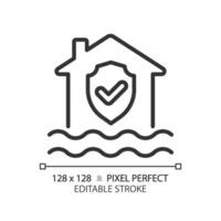 Flood protection linear icon. House with checkmark above water. Water damage prevention. Thin line illustration. Contour symbol. outline drawing. Editable stroke. Pixel perfect vector