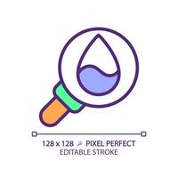 Water quality RGB color icon. Water droplet and magnifying glass. Clean water for drinking. Isolated illustration. Simple filled line drawing. Editable stroke. Pixel perfect vector