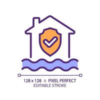 Flood protection RGB color icon. House with checkmark above water. Water damage prevention. Isolated illustration. Simple filled line drawing. Editable stroke. Pixel perfect vector