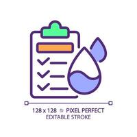 Water quality testing RGB color icon. Drinking water health standards. Testing protocol. Laboratory test. Isolated illustration. Simple filled line drawing. Editable stroke. Pixel perfect vector