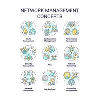 Network management multi color concept icons. System architecture, performance monitoring. Network automation, log analyzer. Icon pack. images. Round shape illustrations. Abstract idea vector