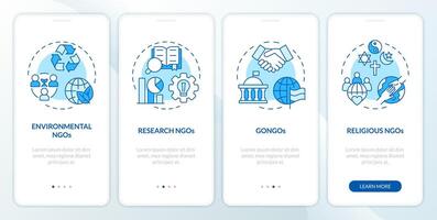 Types of NGOs blue onboarding mobile app screen. Nonprofits walkthrough 4 steps editable graphic instructions with linear concepts. UI, UX, GUI template vector