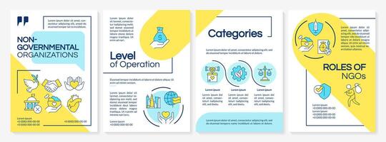 Non governmental organizations blue, yellow brochure template. Leaflet design with linear icons. Editable 4 layouts for presentation, annual reports vector