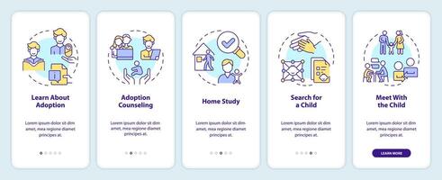 Adoption process onboarding mobile app screen. Preparation walkthrough 5 steps editable graphic instructions with linear concepts. UI, UX, GUI template vector