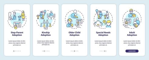 Adoption options onboarding mobile app screen. Child custody walkthrough 5 steps editable graphic instructions with linear concepts. UI, UX, GUI template vector