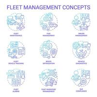 Fleet management blue gradient concept icons. Vehicle maintenance. Efficiency monitoring, inventory control. Operational cost reduce. Icon pack. images. Round shape illustrations. Abstract idea vector