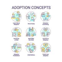 Adoption multi color concept icons. Legal process steps. Becoming parents. How to adopt child. Parental right transfer. Icon pack. images. Round shape illustrations. Abstract idea vector