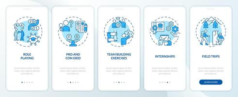 Experiential learning blue onboarding mobile app screen. Education walkthrough 5 steps editable graphic instructions with linear concepts. UI, UX, GUI template vector