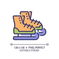 Ice figure skating pixel perfect RGB color icon. Winter sport footwear. Seasonal show, choreography performance. Isolated illustration. Simple filled line drawing. Editable stroke vector