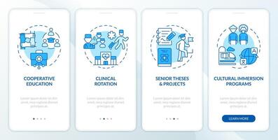 Education types blue onboarding mobile app screen. Activities walkthrough 4 steps editable graphic instructions with linear concepts. UI, UX, GUI template vector