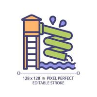 Waterslide pixel perfect RGB color icon. Aqua park attraction. Family vacation. Leisure activity. Water playground. Isolated illustration. Simple filled line drawing. Editable stroke vector