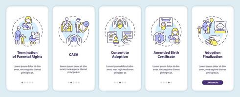 Adoption laws onboarding mobile app screen. Legal process walkthrough 5 steps editable graphic instructions with linear concepts. UI, UX, GUI template vector