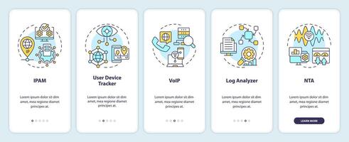 Network management software onboarding mobile app screen. Walkthrough 5 steps editable graphic instructions with linear concepts. UI, UX, GUI template vector