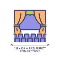 Theater performance pixel perfect RGB color icon. Drama acting stage. Artistic showcase, storytelling. Opera show. Isolated illustration. Simple filled line drawing. Editable stroke vector