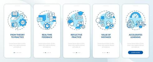 Learning advantages blue onboarding mobile app screen. Experiences walkthrough 5 steps editable graphic instructions with linear concepts. UI, UX, GUI template vector