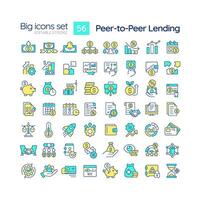 Peer-to-peer lending blue RGB color icons set. Investment. Obtain loans directly from individuals. Finance. Isolated illustrations. Simple filled line drawings collection. Editable stroke vector