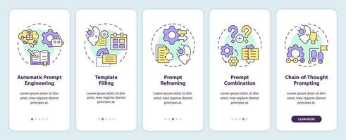 Prompt engineering techniques onboarding mobile app screen. Walkthrough 5 steps editable graphic instructions with linear concepts. UI, UX, GUI template vector