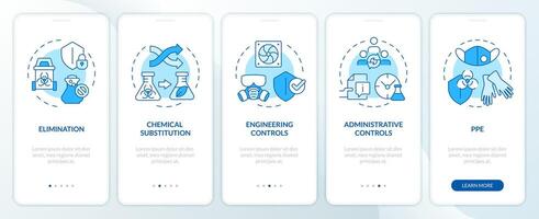 Chemicals administrative control blue onboarding mobile app screen. Walkthrough 5 steps editable graphic instructions with linear concepts. UI, UX, GUI template vector