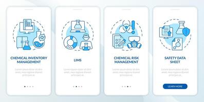 Science risk management blue onboarding mobile app screen. Walkthrough 4 steps editable graphic instructions with linear concepts. UI, UX, GUI template vector