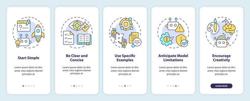 Designing prompt steps onboarding mobile app screen. Walkthrough 5 steps editable graphic instructions with linear concepts. UI, UX, GUI template vector