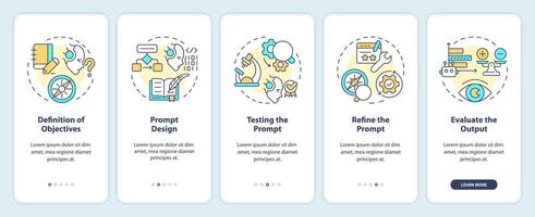 Improve prompt engineering process onboarding mobile app screen. Walkthrough 5 steps editable graphic instructions with linear concepts. UI, UX, GUI template vector