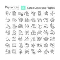 Large language models linear icons set. Artificial intelligence. Data engineering. Digital assistance. Customizable thin line symbols. Isolated outline illustrations. Editable stroke vector