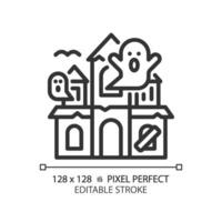 obsesionado casa píxel Perfecto lineal icono. Víspera de Todos los Santos castillo, temático parque atracción. sobrenatural entretenimiento. Delgado línea ilustración. contorno símbolo. contorno dibujo. editable carrera vector