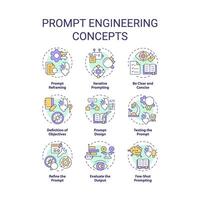 Prompt engineering multi color concept icons. Design instructions for ai model. Test and optimize tasks. Chatbot interaction. Icon pack. images. Round shape illustrations. Abstract idea vector