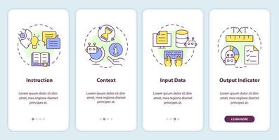Prompt key elements onboarding mobile app screen. Walkthrough 4 steps editable graphic instructions with linear concepts. UI, UX, GUI template vector