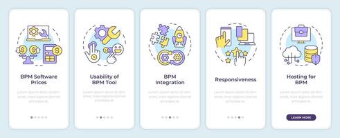 Choosing BPM software factors onboarding mobile app screen. Walkthrough 5 steps editable graphic instructions with linear concepts. UI, UX, GUI template. Montserrat SemiBold, Regular fonts used vector