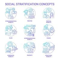 Social stratification and mobility blue gradient concept icons. Socioeconomic status. Society structure. Icon pack. images. Round shape illustrations. Abstract idea. Easy to use in article vector