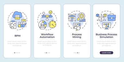 Business process management tools onboarding mobile app screen. Walkthrough 4 steps editable graphic instructions with linear concepts. UI, UX, GUI template. Montserrat SemiBold, Regular fonts used vector