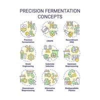 precisión fermentación multi color concepto iconos comida genético modificación. artificial selección, sintético biología. icono embalar. imágenes redondo forma ilustraciones para artículo. resumen idea vector