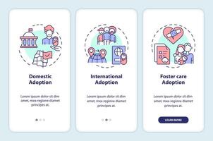 Types of adoption onboarding mobile app screen. Child custody walkthrough 3 steps editable graphic instructions with linear concepts. UI, UX, GUI template vector