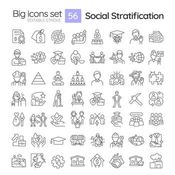Social stratification linear icons set. Class system. Social hierarchy. Socioeconomic disparity. Customizable thin line symbols. Isolated outline illustrations. Editable stroke vector