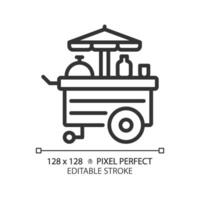 Food cart amusement pixel perfect linear icon. Carnival popcorn stand. Mobile kitchen, fastfood business. Thin line illustration. Contour symbol. outline drawing. Editable stroke vector