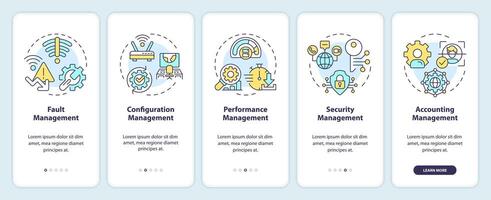 Network management functions onboarding mobile app screen. Walkthrough 5 steps editable graphic instructions with linear concepts. UI, UX, GUI template vector