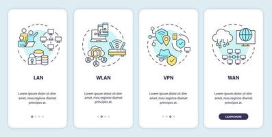 Types of network onboarding mobile app screen. Network management. Walkthrough 4 steps editable graphic instructions with linear concepts. UI, UX, GUI template vector