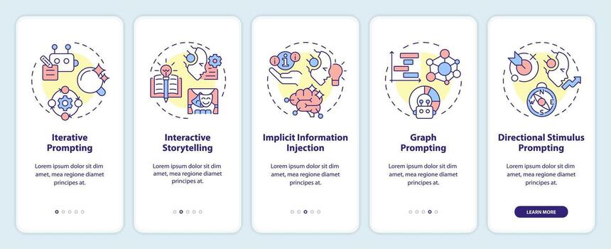 Prompt engineering strategies onboarding mobile app screen. Walkthrough 5 steps editable graphic instructions with linear concepts. UI, UX, GUI template vector