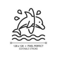 Dolphin trick pixel perfect linear icon. Jumping through hoop. Dolphinarium aquatic show. Acrobatic entertainment. Thin line illustration. Contour symbol. outline drawing. Editable stroke vector