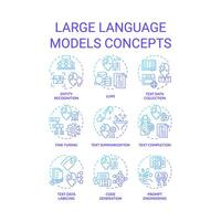 Large language models blue gradient concept icons. Virtual assistance, machine learning. Icon pack. images. Round shape illustrations. Abstract idea vector