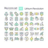 Lithium revolution RGB color icons set. Green energy solution, decarbonization. Consumer portable electronics. Isolated illustrations. Simple filled line drawings collection. Editable stroke vector